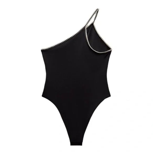 NWT Zara Embroidered Asymmetric One Piece Bathing Suit in Black - Picture 3 of 8